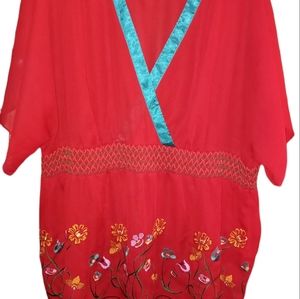 Lane Bryant Size 22/24 Sheer Red Floral Design Tunic FREE SHIPPING